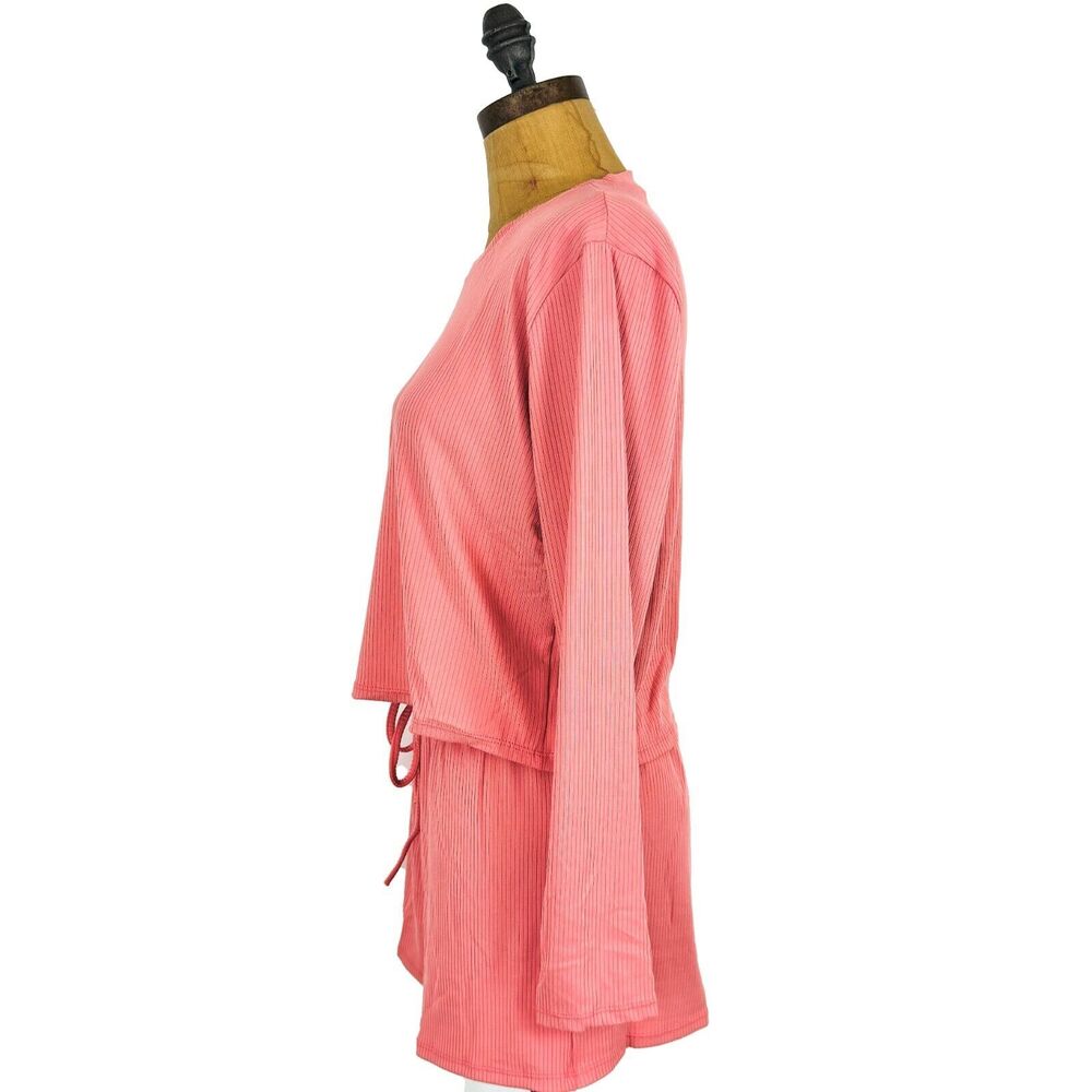 CAPELLA Pajama Loungewear Set L Ribbed Pink Knit Long Sleeve Top / Shorts NWT B3 - Picture 4 of 5